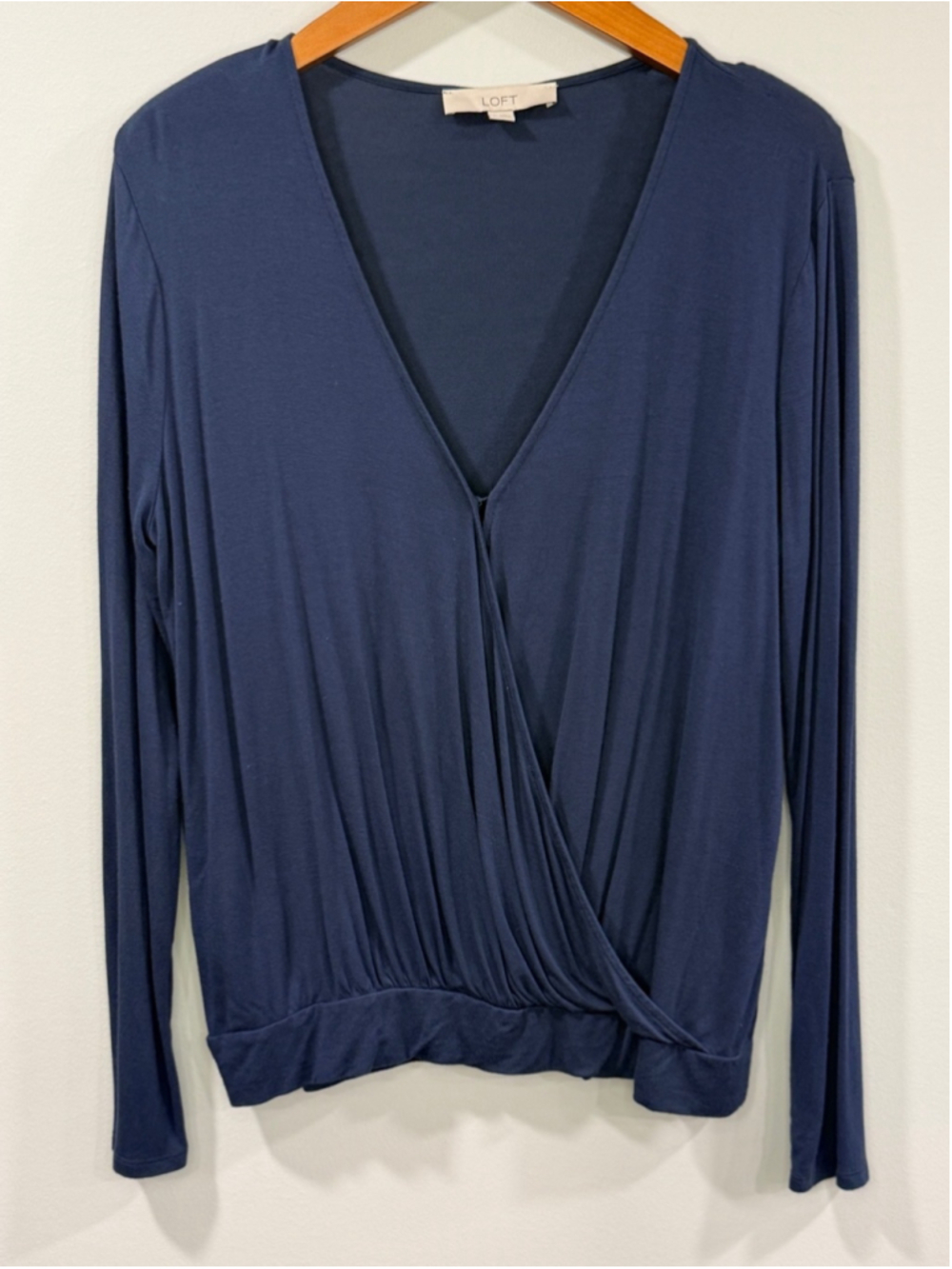LOFT Womens Navy Surplice Long-Sleeve Faux Wrap Top Size M